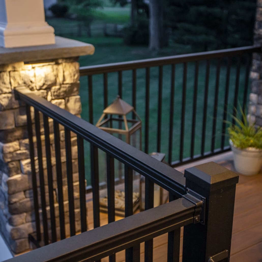 image of black aluminum deck railing with square balusters